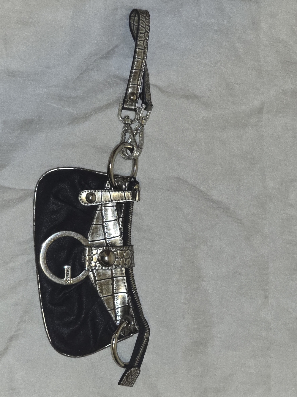 Guess Black Wristlet Clutch with Metallic Silver Croc Accents